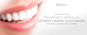Sonrisa blanca junto al texto sobre cuánto cuesta un tratamiento dental en Estados Unidos versus Ecuador
