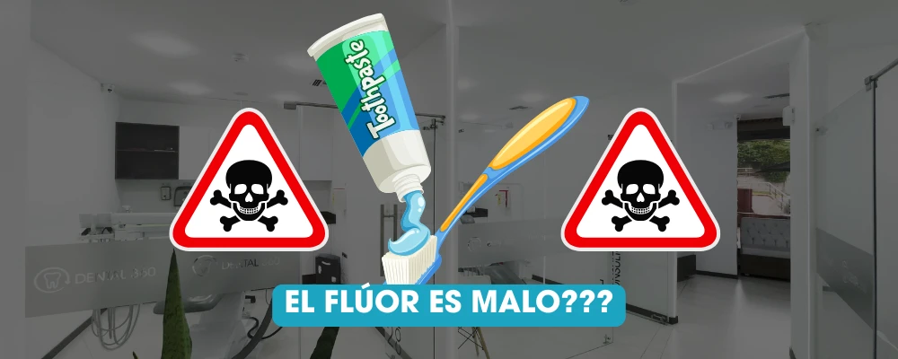 Pasta dental con flúor sobre un cepillo junto a señales de advertencia en una clínica dental