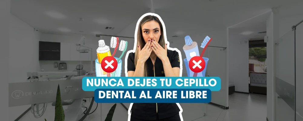 Odontóloga explicando por qué no se debe dejar el cepillo dental al aire libre en el baño