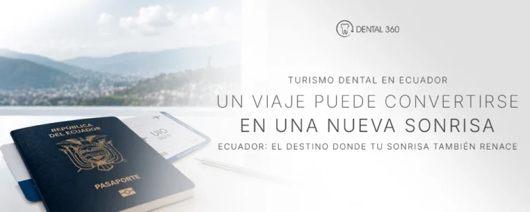 Pasaporte de Ecuador junto al texto turismo dental en Ecuador y un viaje puede convertirse en una nueva sonrisa